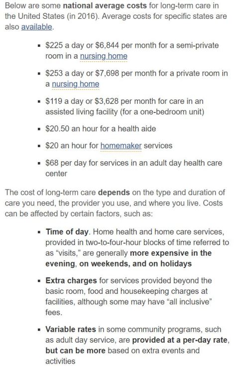 National Costs for Long Term Care