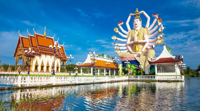 Aerial Views: Wat Plai Laem Temple, Thailand (4K)