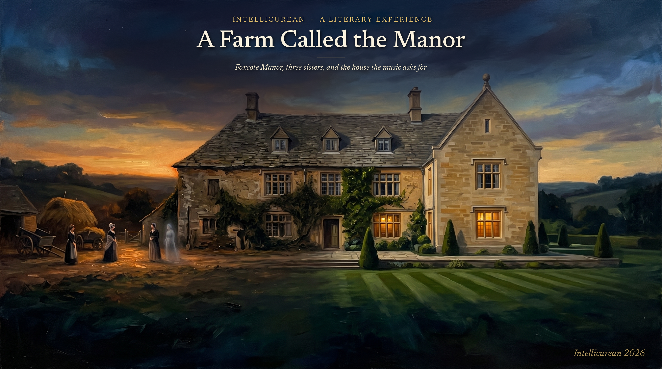 A Farm Called the Manor — painting of Foxcote Manor at dusk in two eras, an 1819 farmyard with three women, one fading, beside the composed front of today