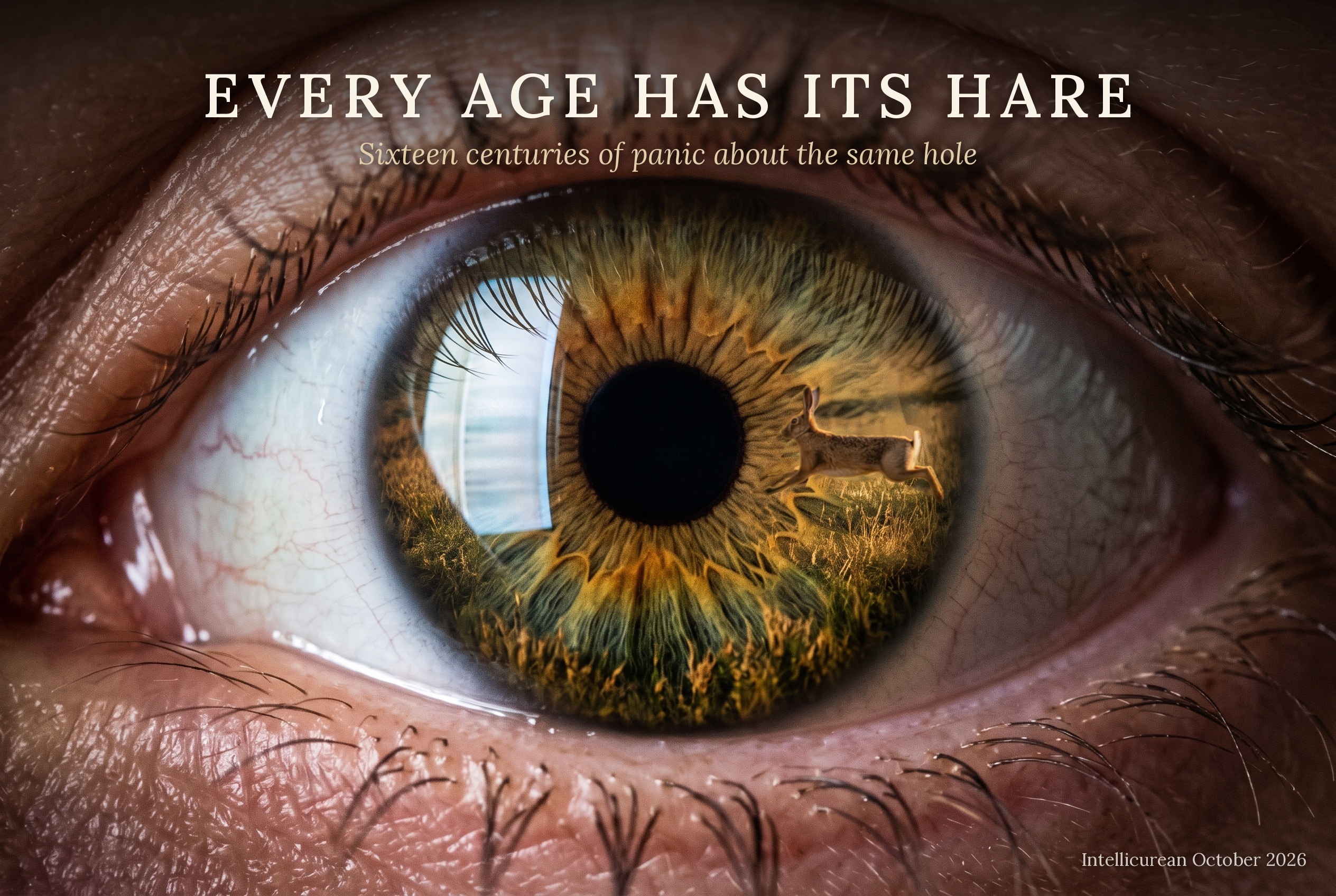 An extreme close-up of a human eye. The iris is painted as a sunlit field, and a brown hare runs across it toward the black pupil, while a cold rectangle of screen light is reflected on the surface of the eye. Across the top: Every Age Has Its Hare, Sixteen centuries of panic about the same hole.