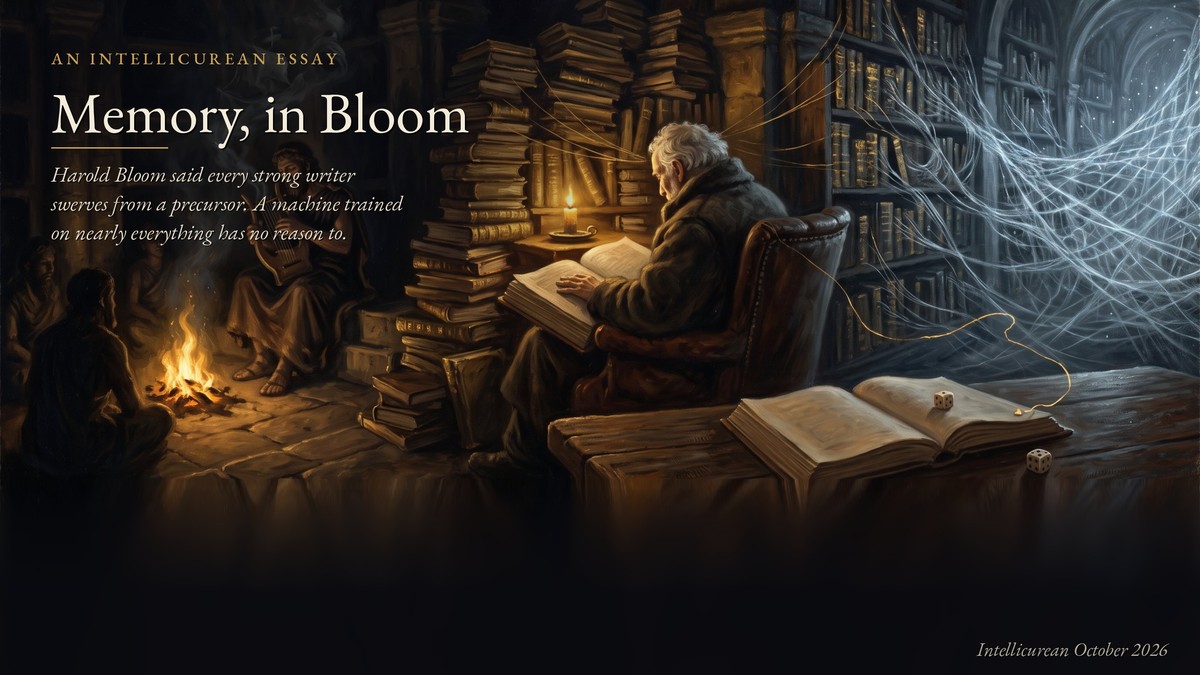 Memory, in Bloom: a vast night library in three parts. At left a Greek bard plays a lyre by a fire, smoke rising into the shapes of ships. At center an old white-haired reader in a leather armchair rests his hand on an open book among towering stacks, gold threads running from the books to his head. At right the shelves dissolve into a lattice of cold blue-white light. Two bone dice lie on a table in the foreground.