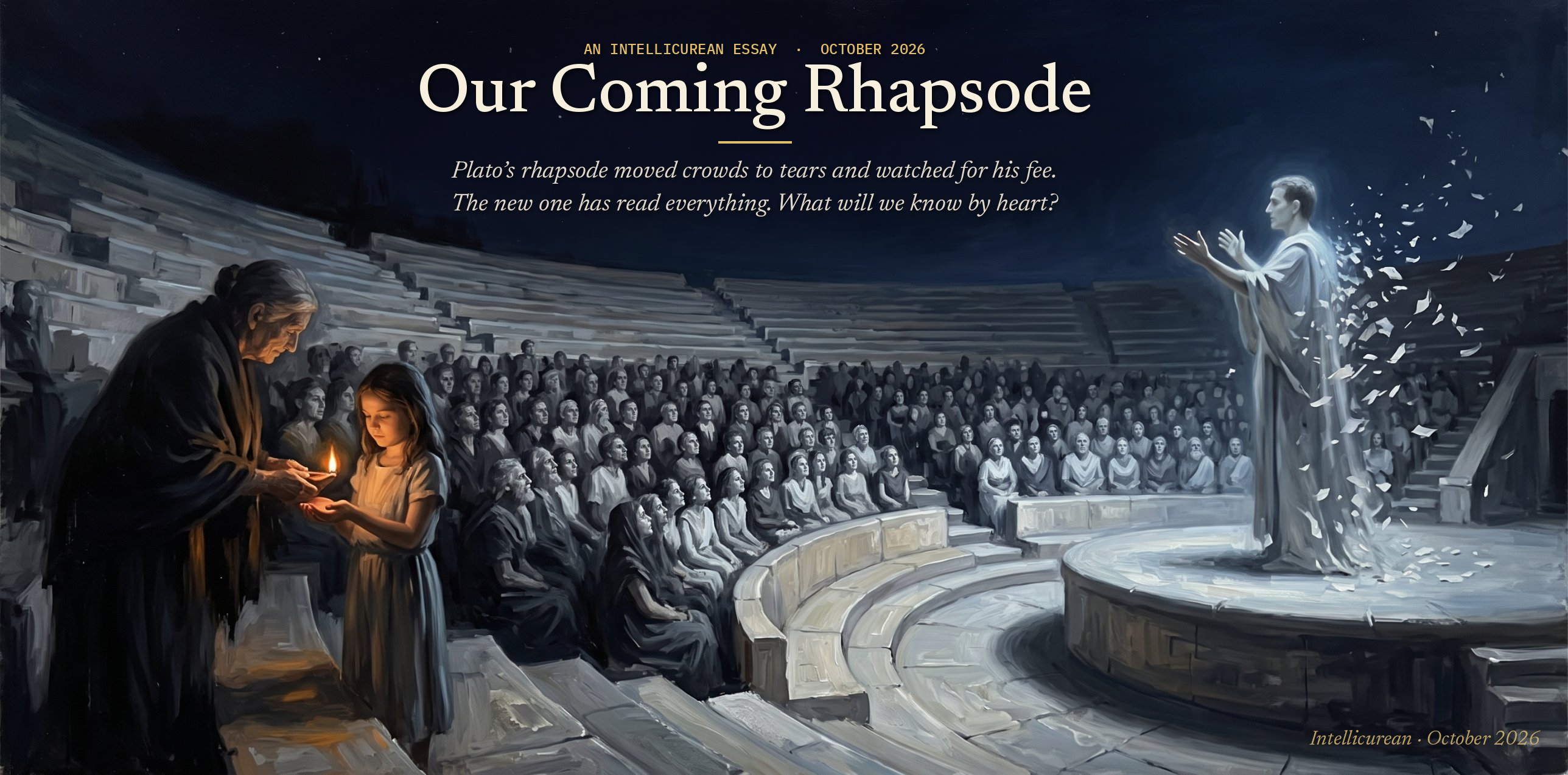 Our Coming Rhapsode — a performer made of light and drifting paper holds a crowd in an ancient theater at night, while at the edge an old woman passes a small lit lamp into a girl’s hands