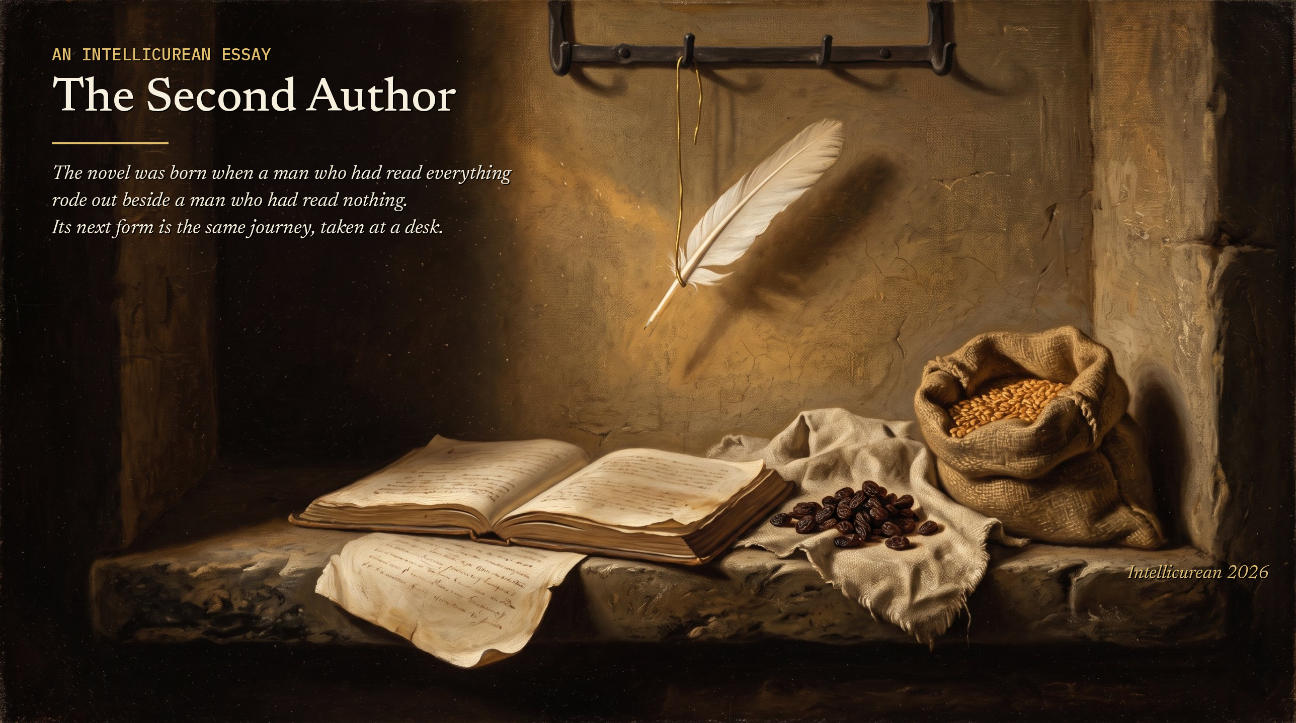 The Second Author — a goose quill hangs from an iron rack above an open manuscript, a cloth of raisins and a sack of wheat on a stone ledge in warm Toledo light