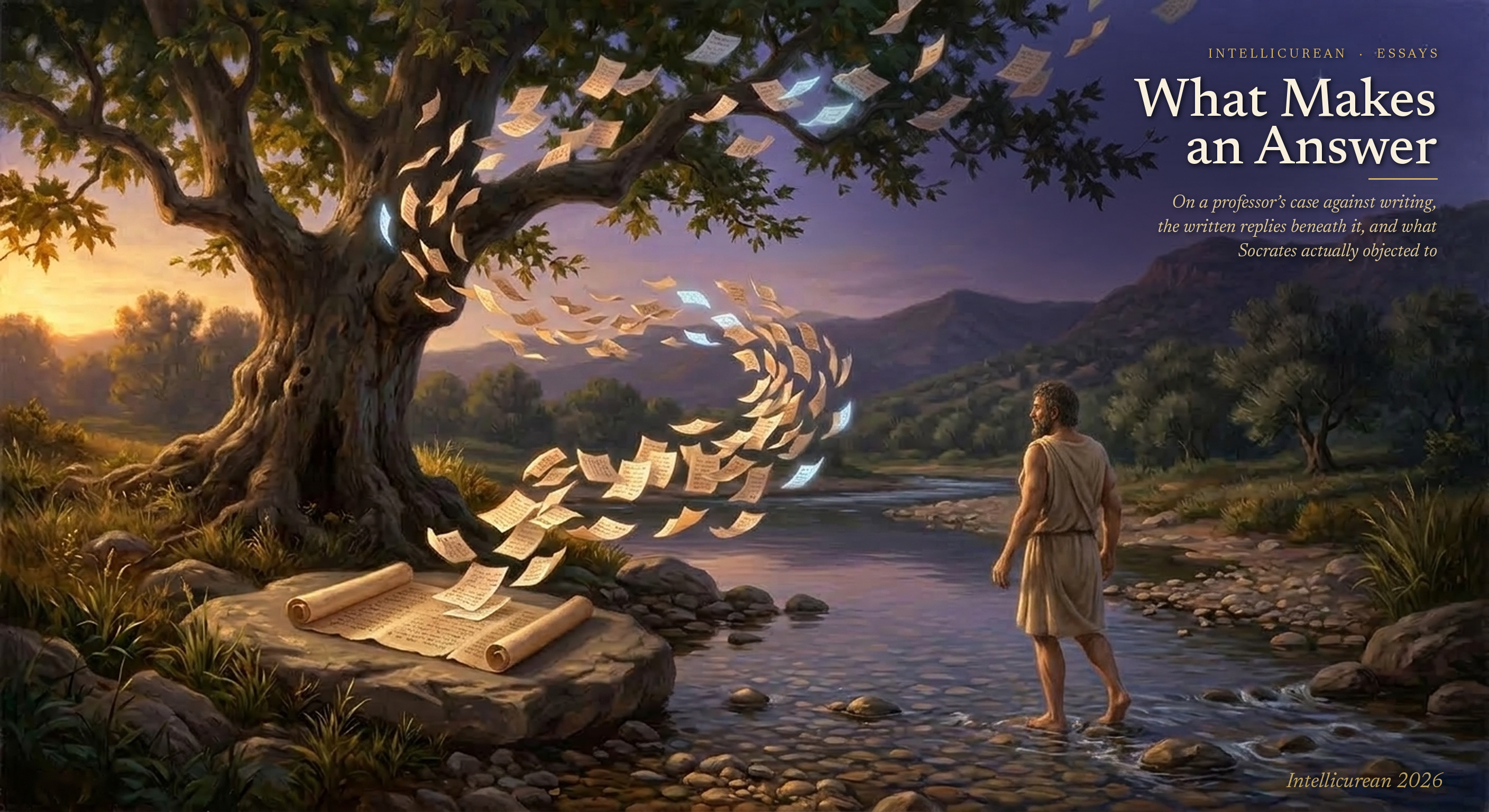 What Makes an Answer — at dusk, pages rise in a spiral from a scroll left on a stone beneath a great tree, while a barefoot man in a tunic stands in the shallows of a stream, turned back toward them