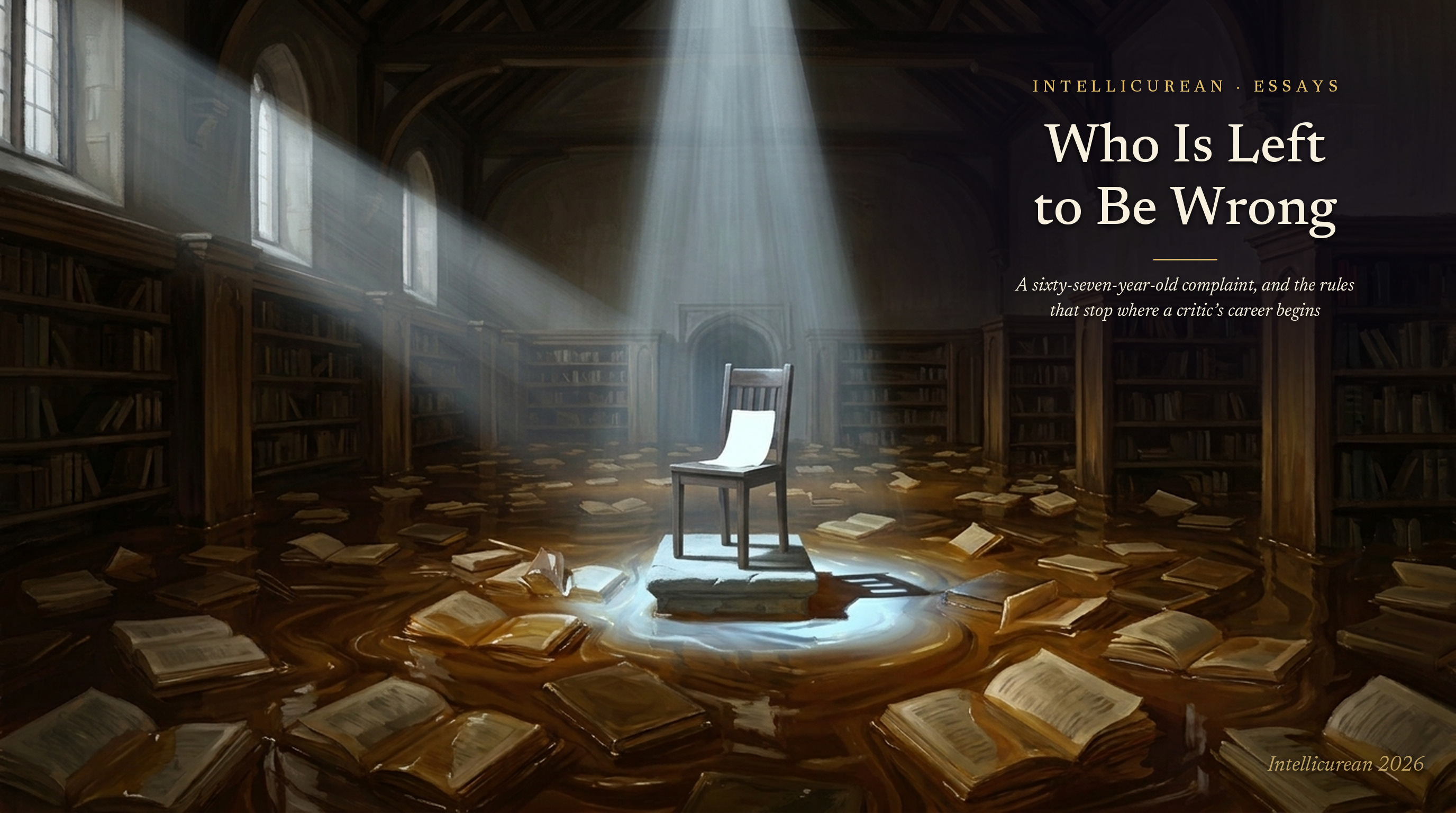 Who Is Left to Be Wrong — an empty chair on a stone plinth in a library flooded with amber syrup, lit by a single shaft of light